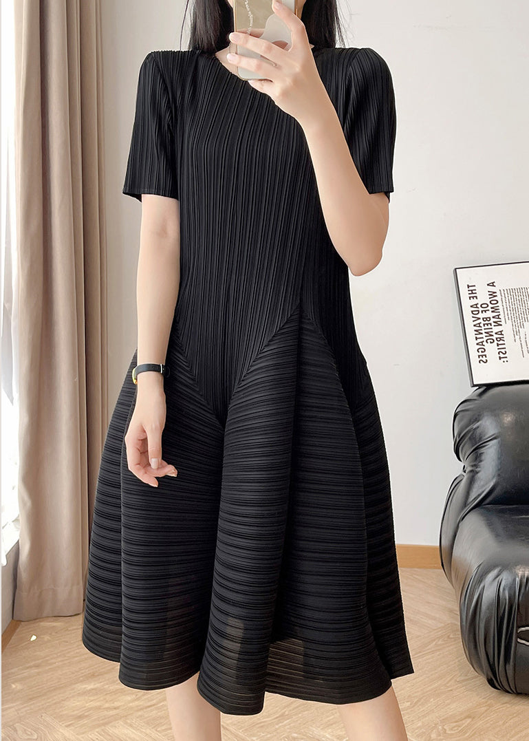 Black Summer O Wrinkled Solid Cotton Dress Neck