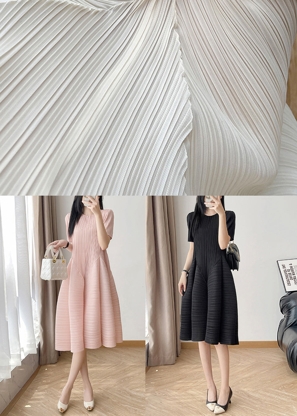 Black Summer O Wrinkled Solid Cotton Dress Neck