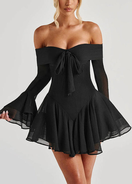 Mid Spring Slash Neck Zippered Solid Cotton Black Dresses