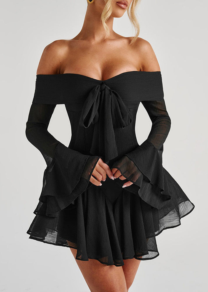 Mid Spring Slash Neck Zippered Solid Cotton Black Dresses