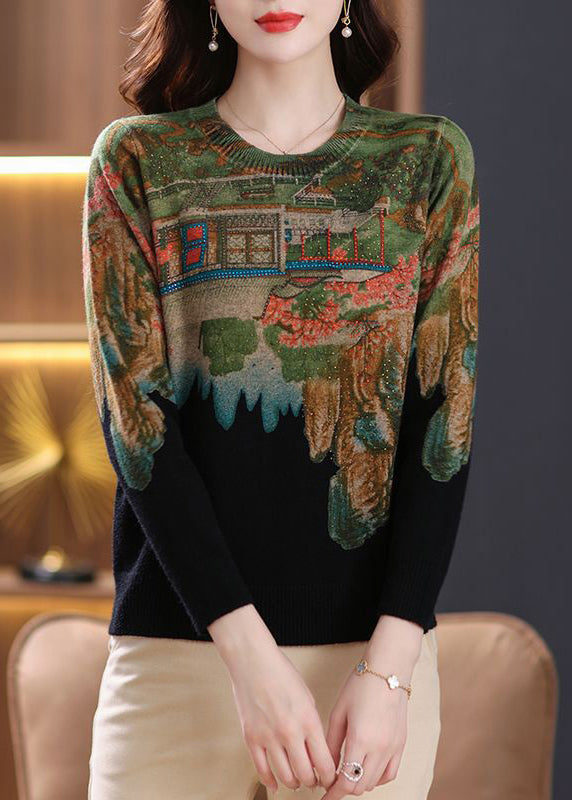Black Zircon Cozy Knit Sweaters O Neck Long Sleeve TB007