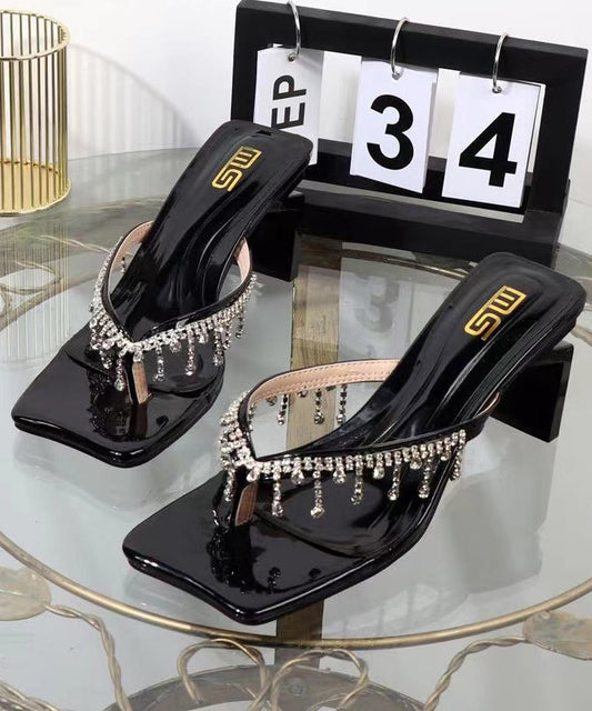 Black Zircon Tassel Fashion Chunky Heel Thong Sandals XC1005