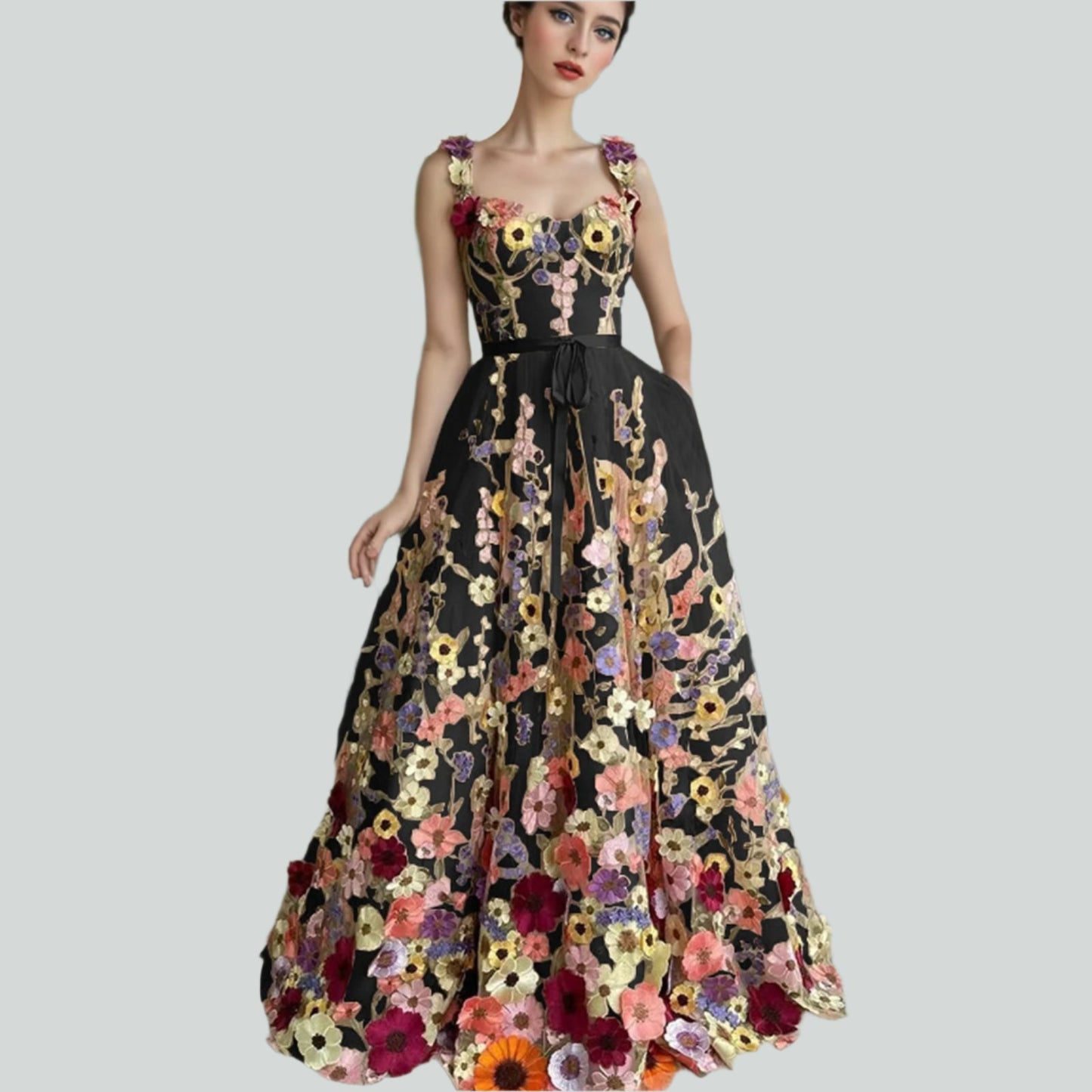 Floral Black Embroidered Lace Up Tulle Dress Sleeveless G176