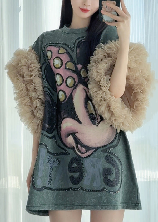 Dress Blackish Ruffled Green T Tulle Summer Patchwork Shirt Print