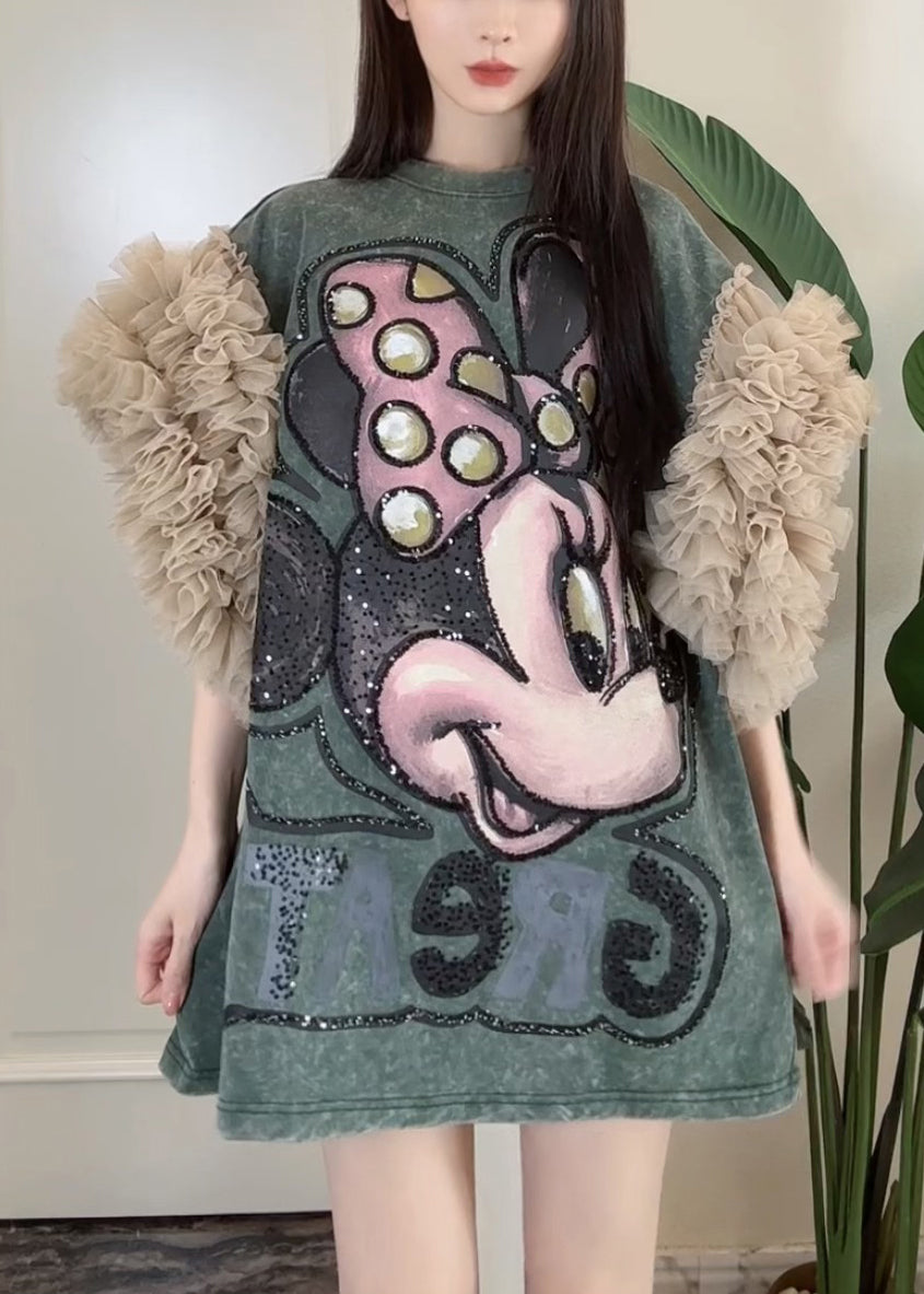 Dress Blackish Ruffled Green T Tulle Summer Patchwork Shirt Print