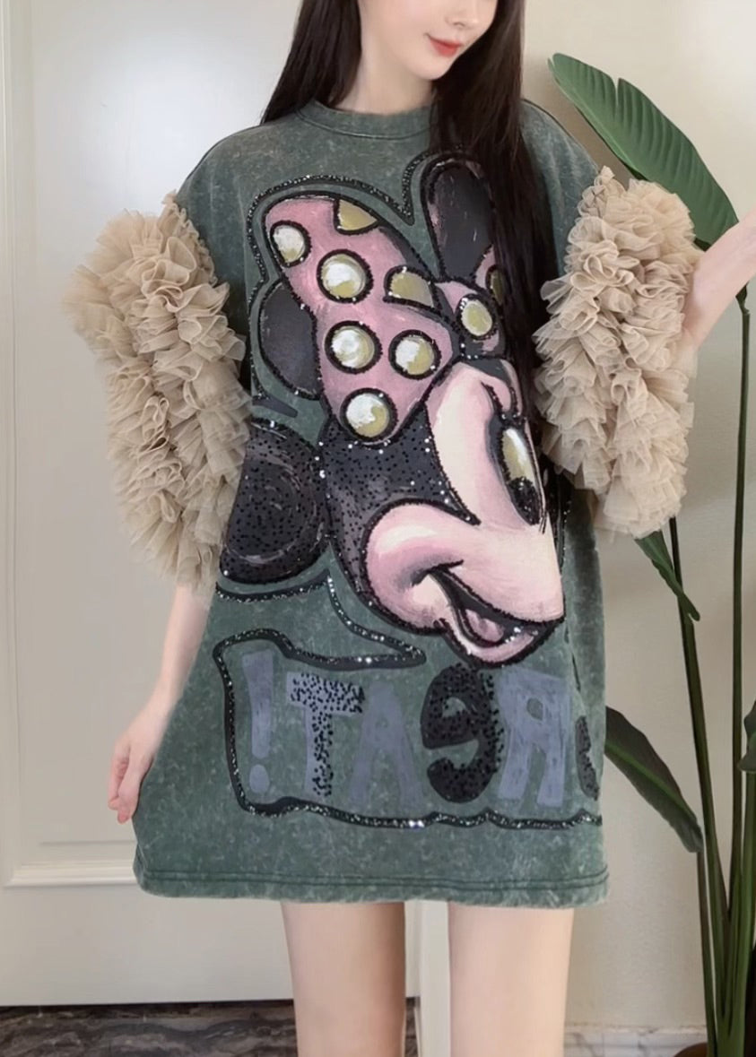 Dress Blackish Ruffled Green T Tulle Summer Patchwork Shirt Print