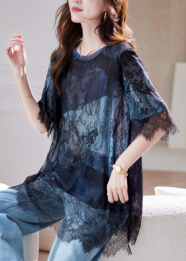 Out Black Lace Summer Blue 2025 Patchwork T-Shirt Hollow