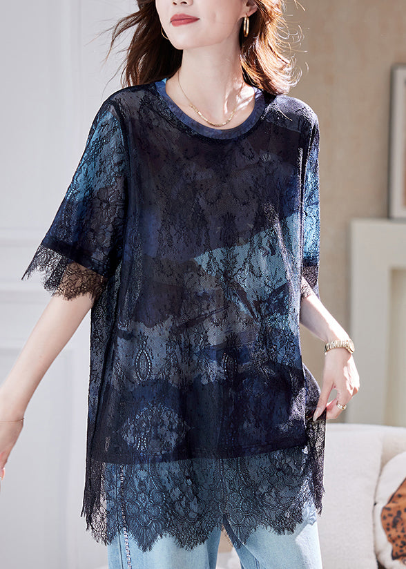 Out Black Lace Summer Blue 2025 Patchwork T-Shirt Hollow