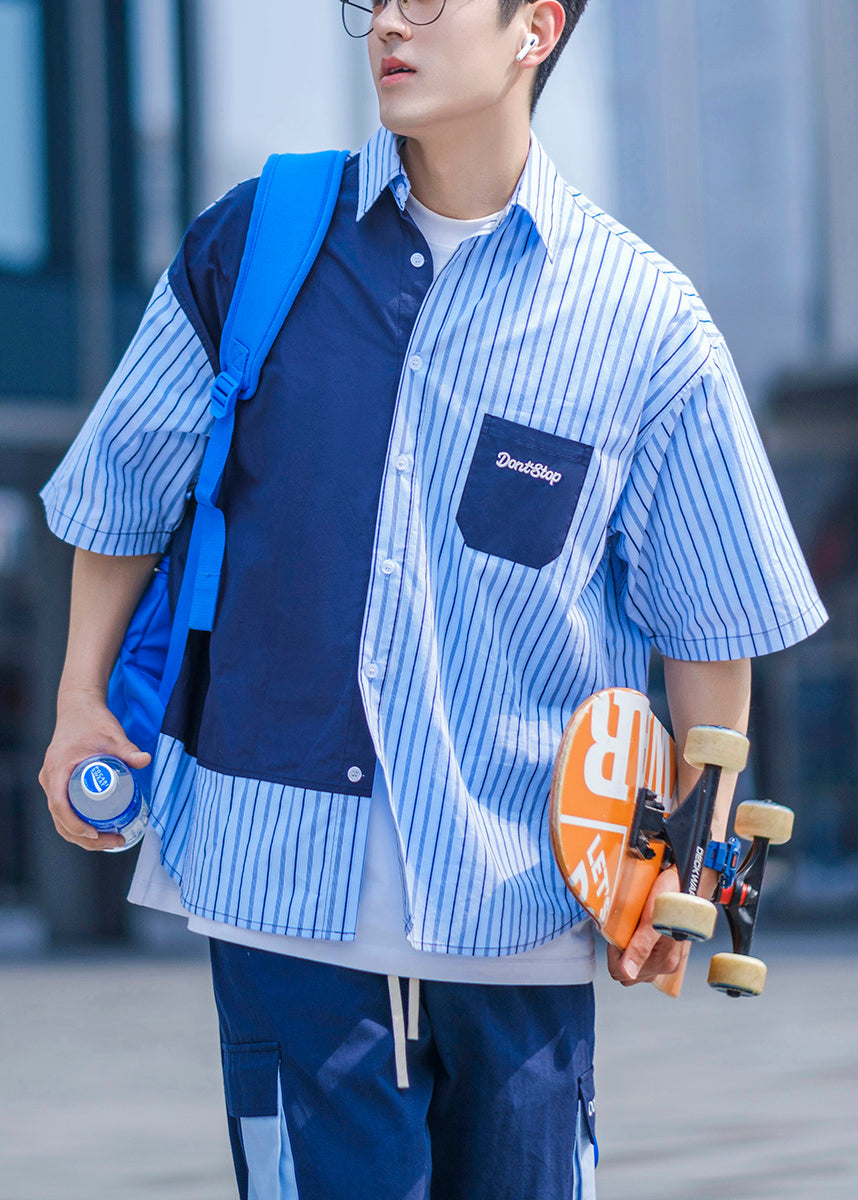 Pockets Asymmetrical Summer Men Cotton Shirts Blue Button