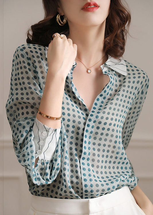 Blue Button Print Chiffon Shirt Peter Pan Collar Long Sleeve Ada Fashion