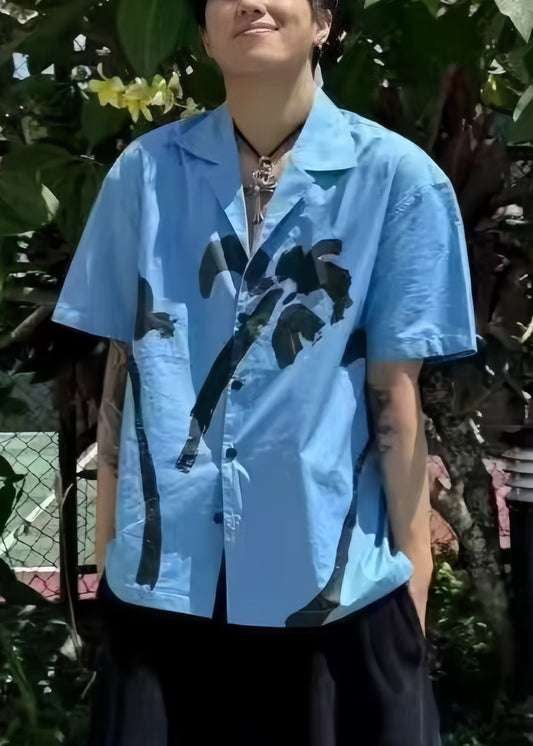 Pan Summer Cotton Shirts Peter Print Blue Button Collar Men