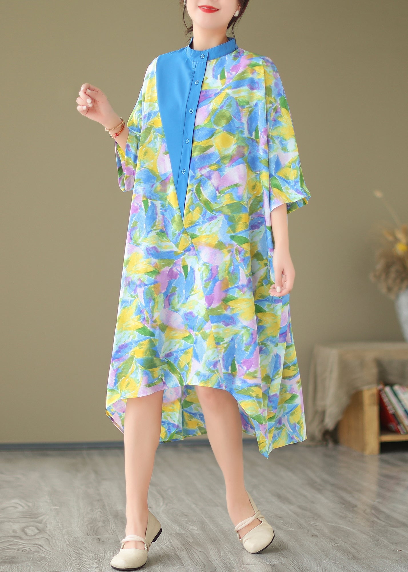 Blue Cotton Shirt Dresses Stand Collar Tie Dye Summer AP043