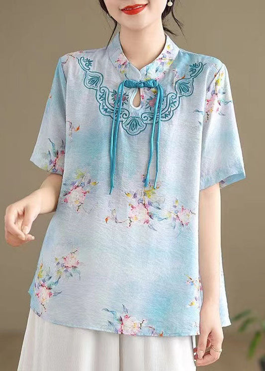 Blue Cotton Shirt Tasseled Stand Collar Embroidered Summer AP089