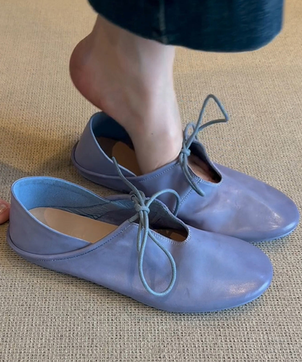 Shoes Blue Women Leather Flat Lace Cowhide Splicing Up