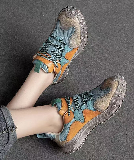 Flat Platform Up Cowhide Casual Shoes Splicing Leather Lace Blue