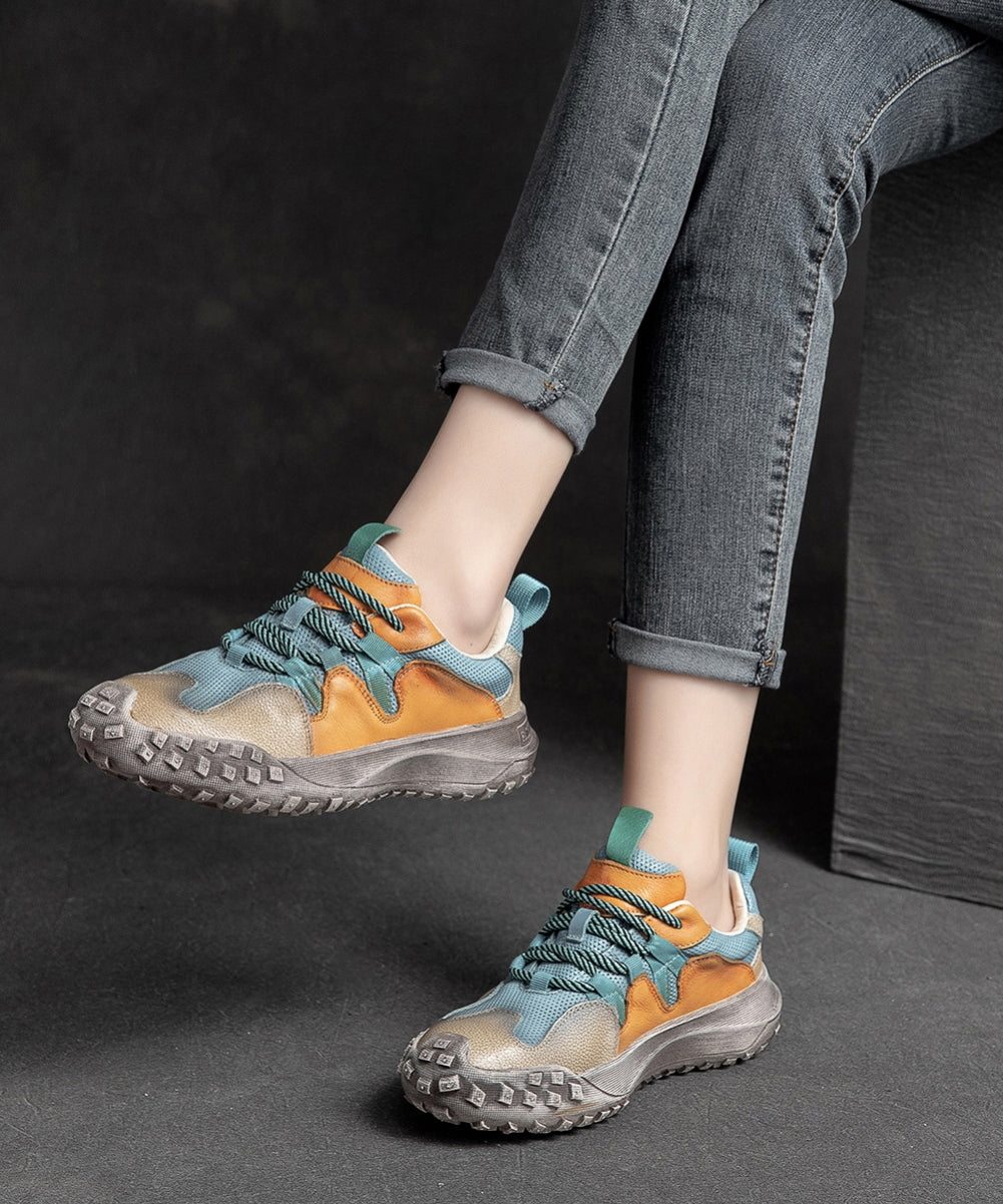 Flat Platform Up Cowhide Casual Shoes Splicing Leather Lace Blue