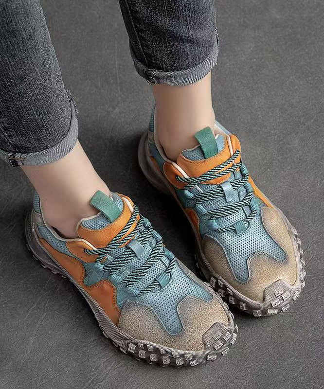 Flat Platform Up Cowhide Casual Shoes Splicing Leather Lace Blue