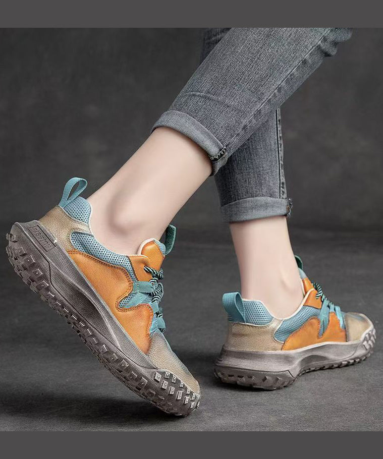 Flat Platform Up Cowhide Casual Shoes Splicing Leather Lace Blue