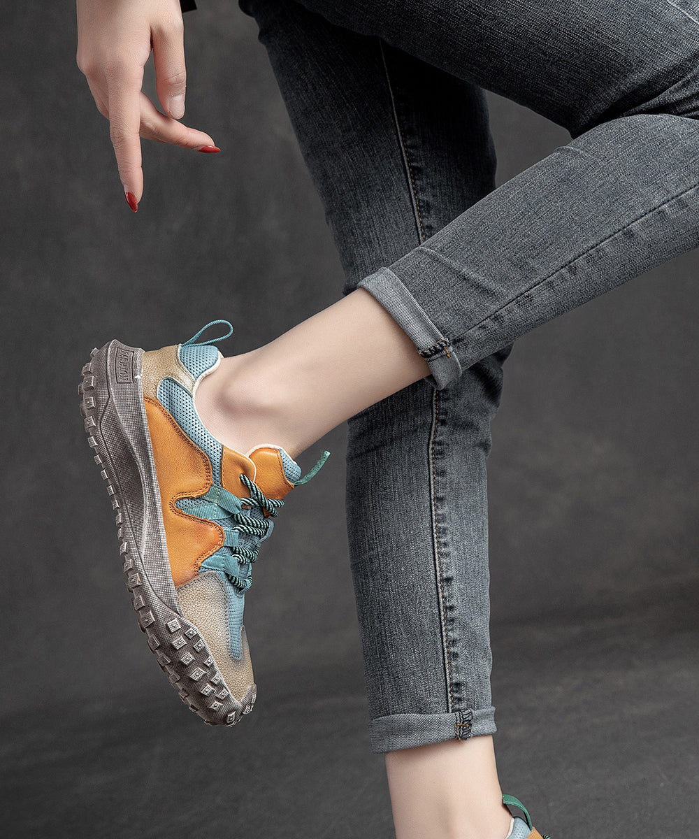Flat Platform Up Cowhide Casual Shoes Splicing Leather Lace Blue