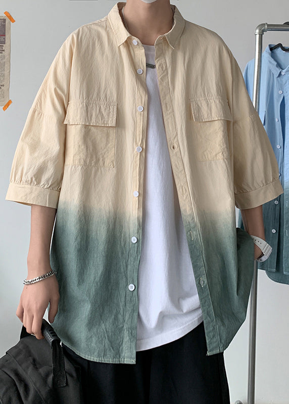 Button Shirts Cotton Men Color Gradient Blue Peter Collar Pan