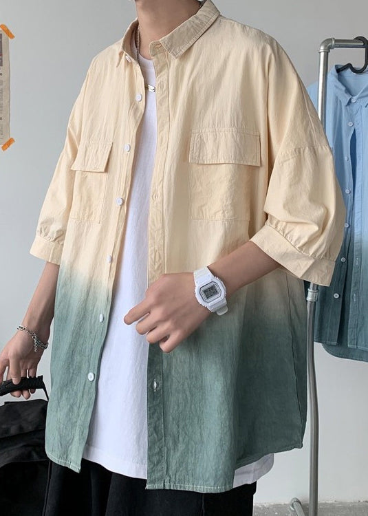 Button Shirts Cotton Men Color Gradient Blue Peter Collar Pan