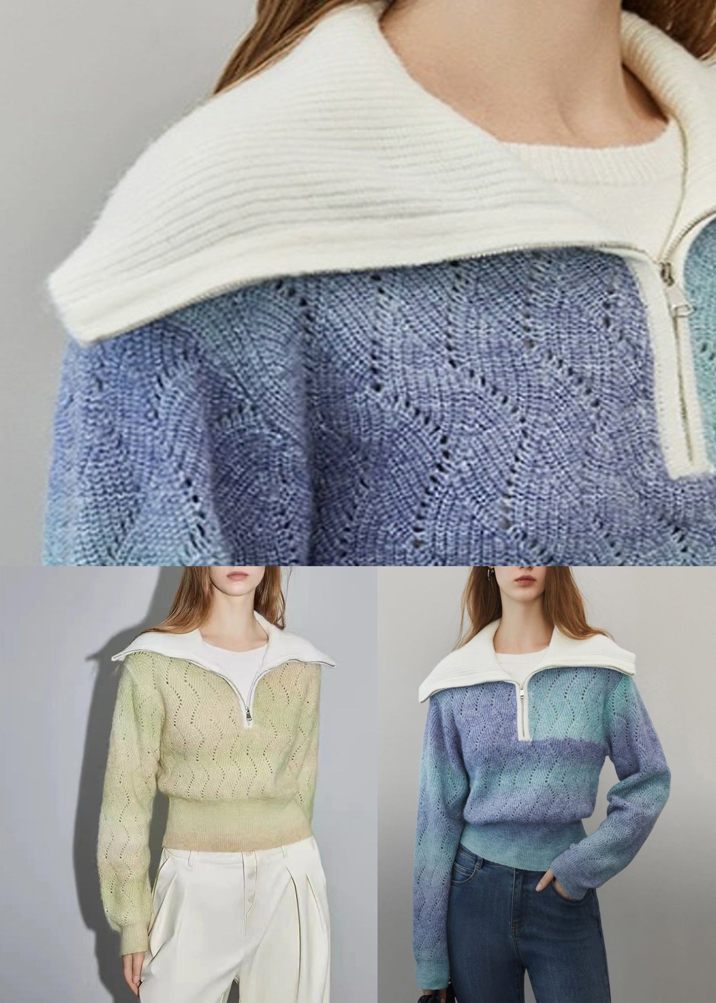 Blue Gradient Color Hollow Out Wool Knit Sweater Zip Up Winter WK024