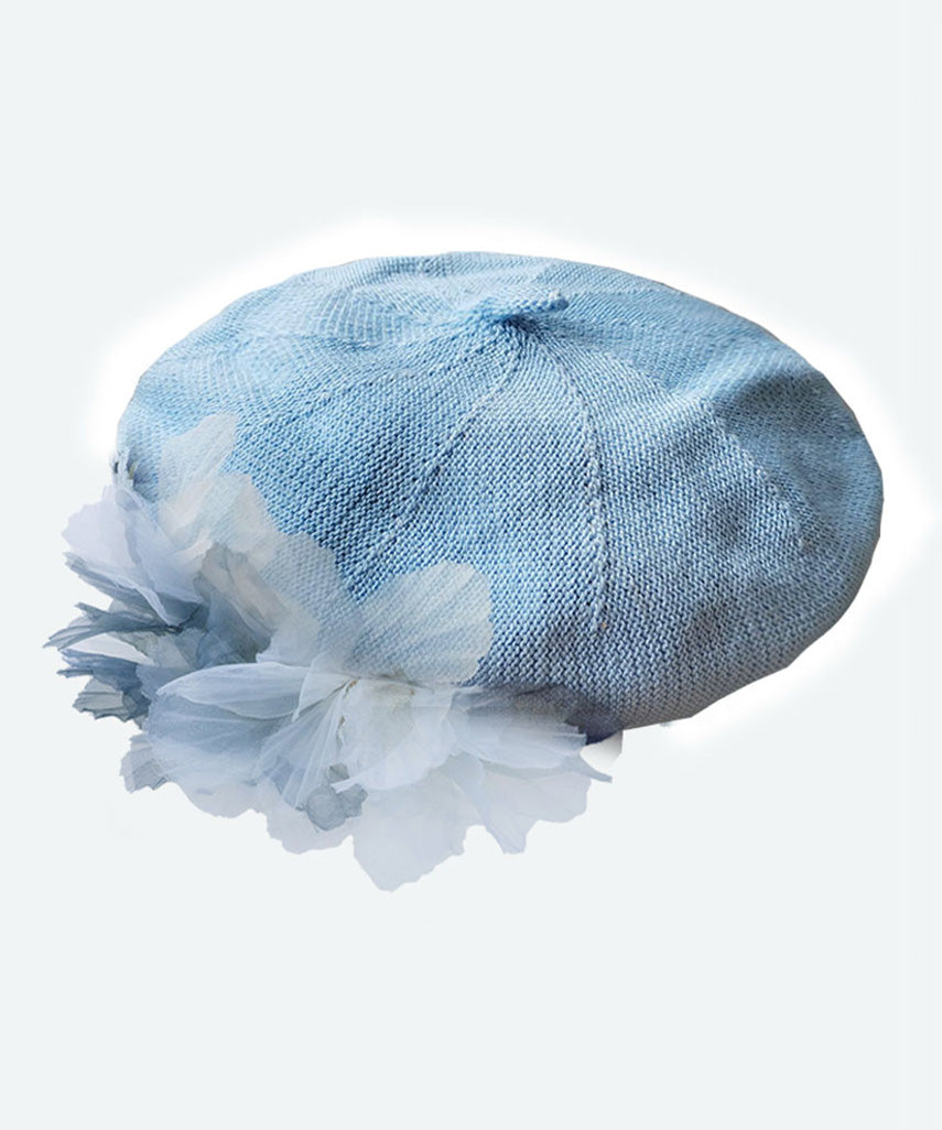 Beret Hat Flower Tulle Wash Mesh Ink Blue Breathable