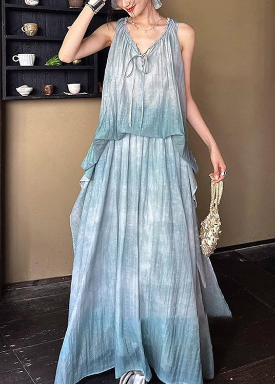 Ruffled Up Linen Dresses Long Blue Sleeveless Silk Lace
