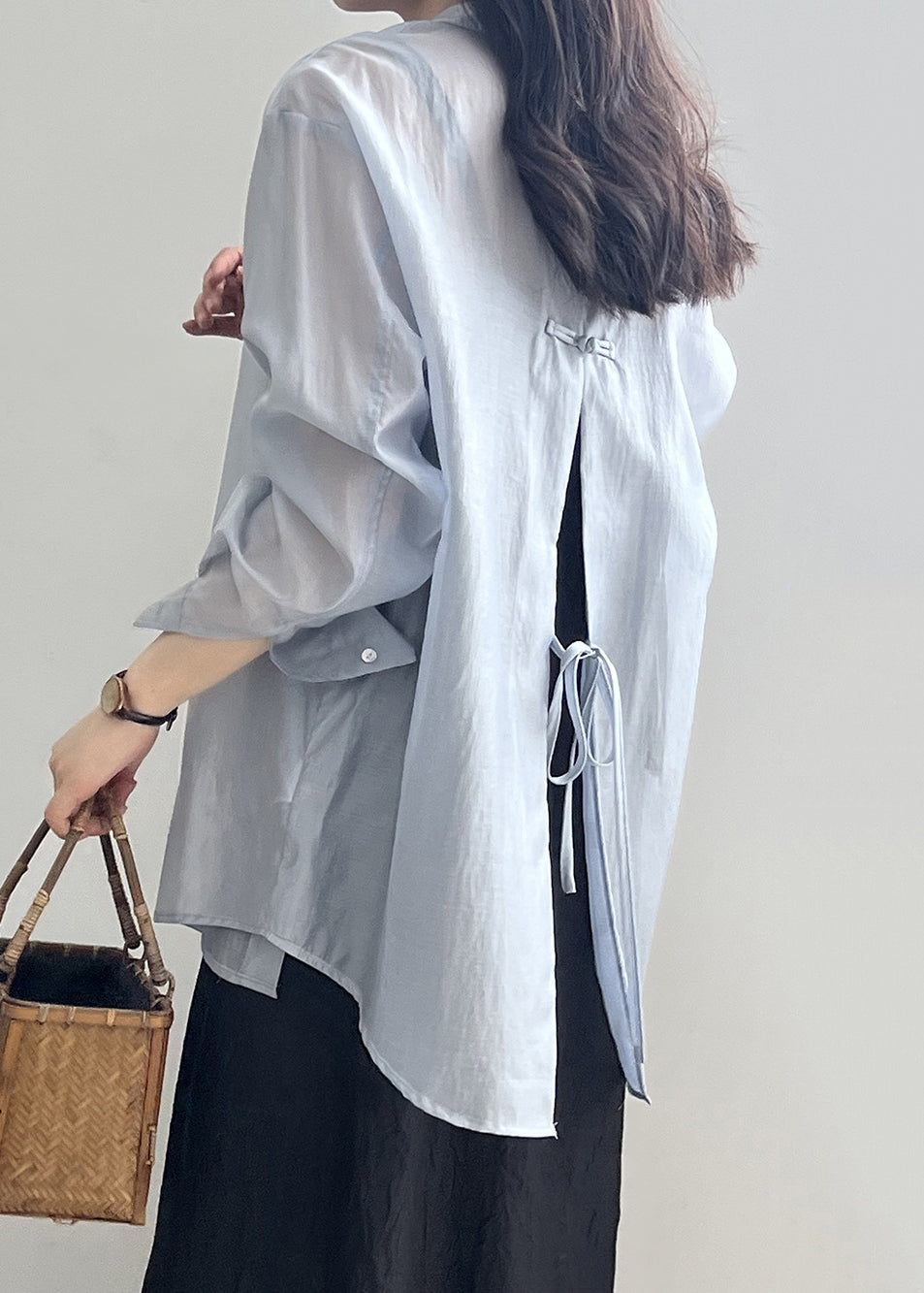 Blue Lace Up Side Open Silk Blouses Peter Pan Collar Spring YH005