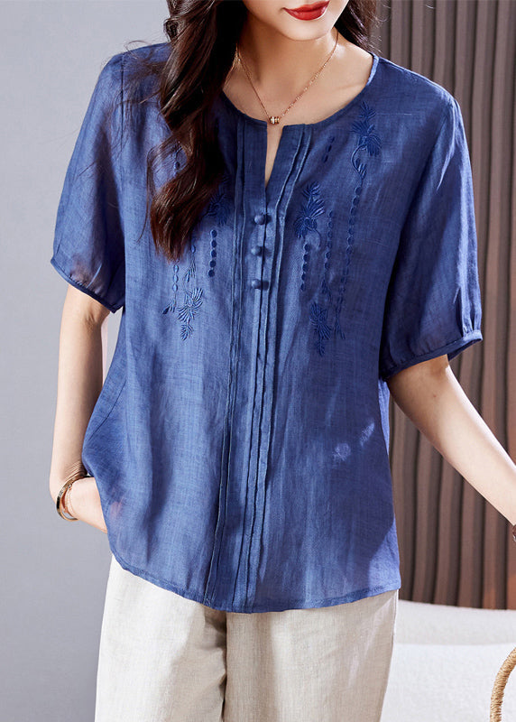 Embroidered Linen Wrinkled Summer Top Blue