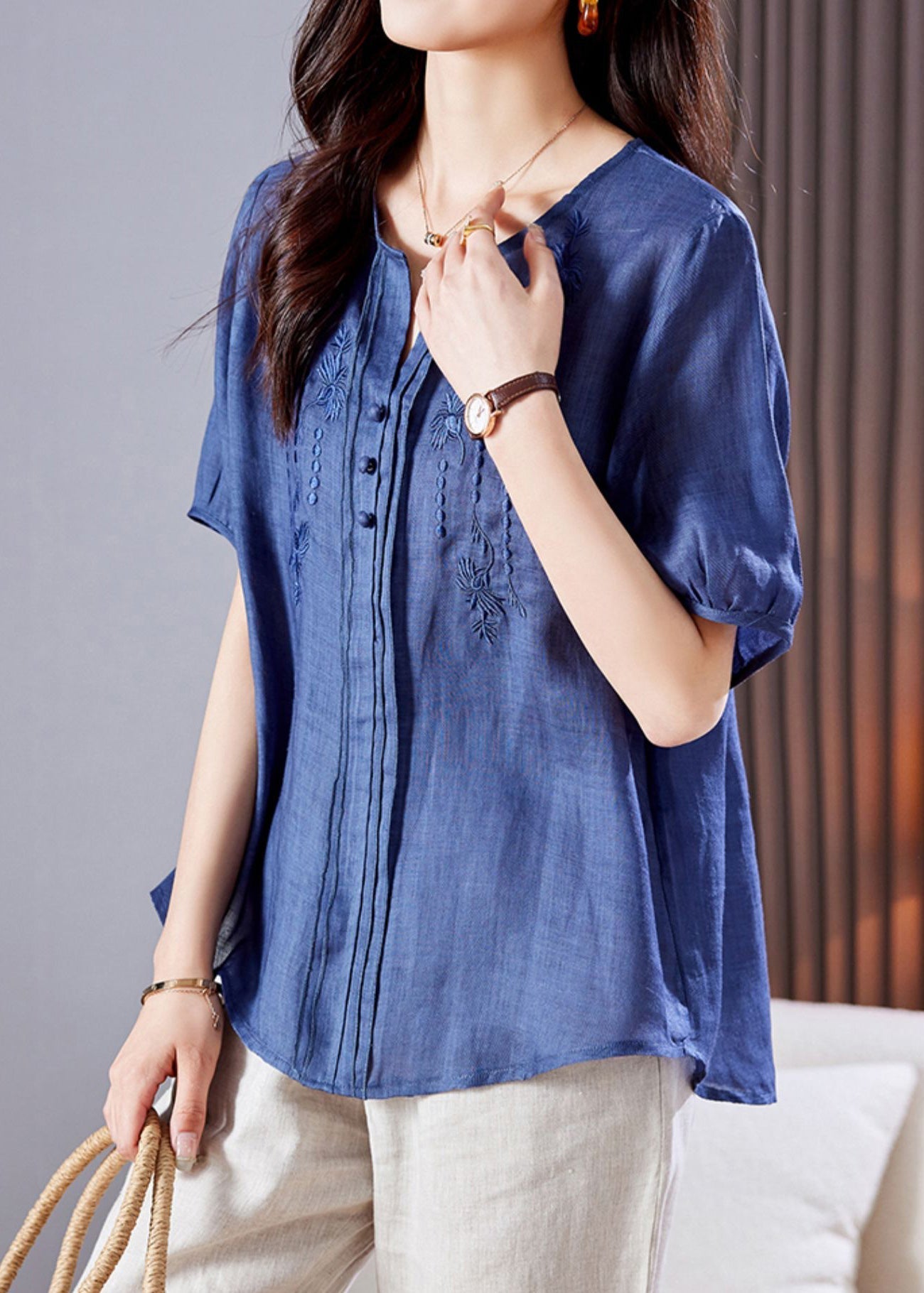 Embroidered Linen Wrinkled Summer Top Blue