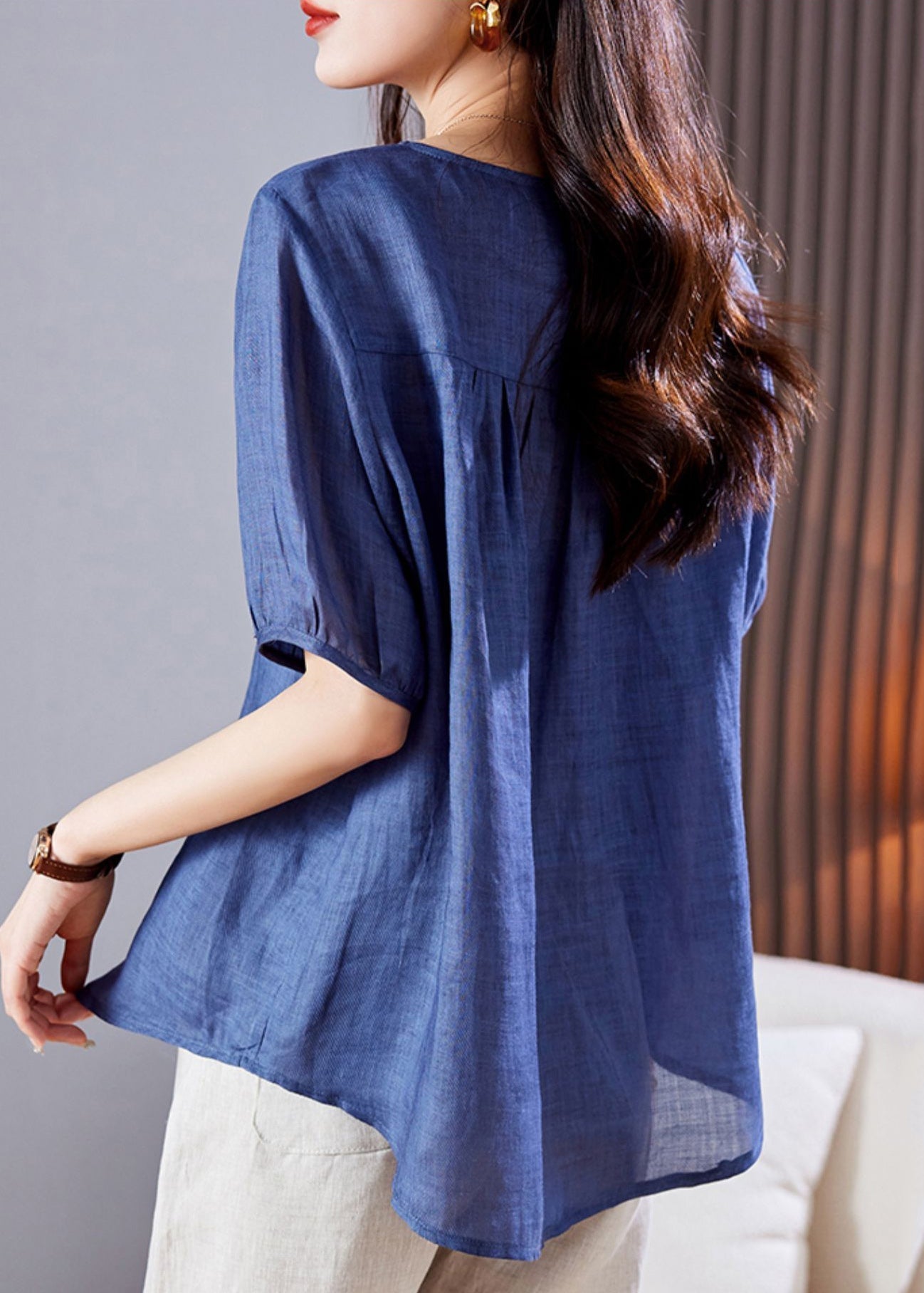 Embroidered Linen Wrinkled Summer Top Blue