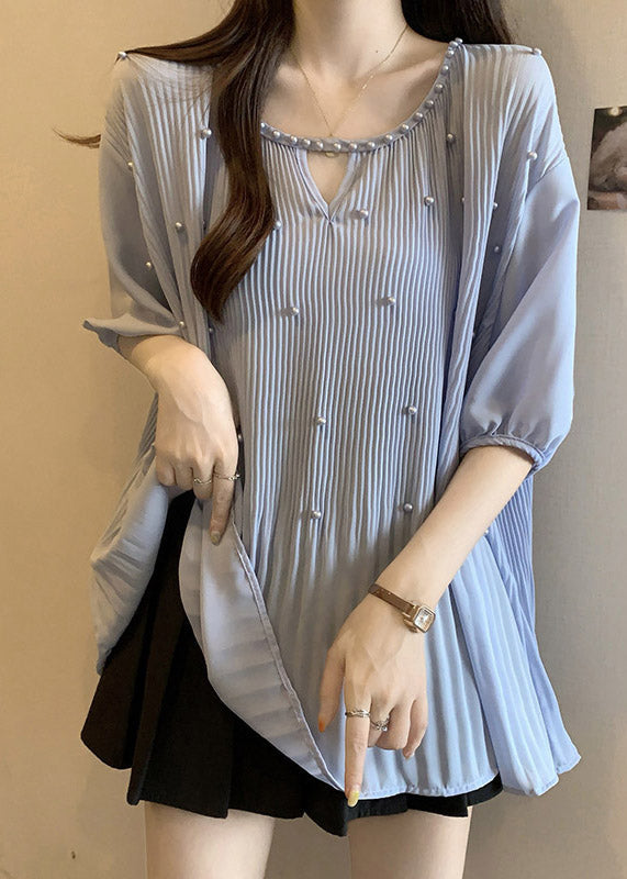 Blue Nail Bead Patchwork Chiffon Blouses O-Neck Half Sleeve SS025