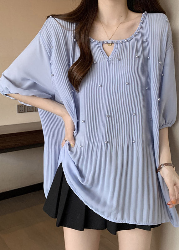 Blue Nail Bead Patchwork Chiffon Blouses O-Neck Half Sleeve SS025