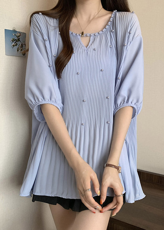 Blue Nail Bead Patchwork Chiffon Blouses O-Neck Half Sleeve SS025