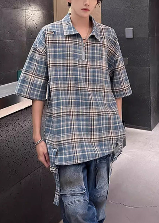 Cotton Plaid Up Zip Collar Pan Men Blue Peter Shirts Summer