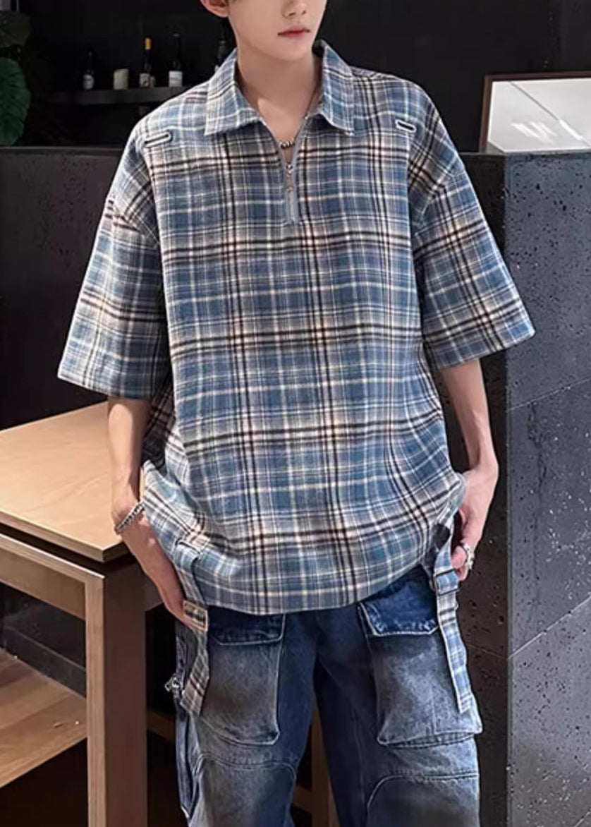 Cotton Plaid Up Zip Collar Pan Men Blue Peter Shirts Summer