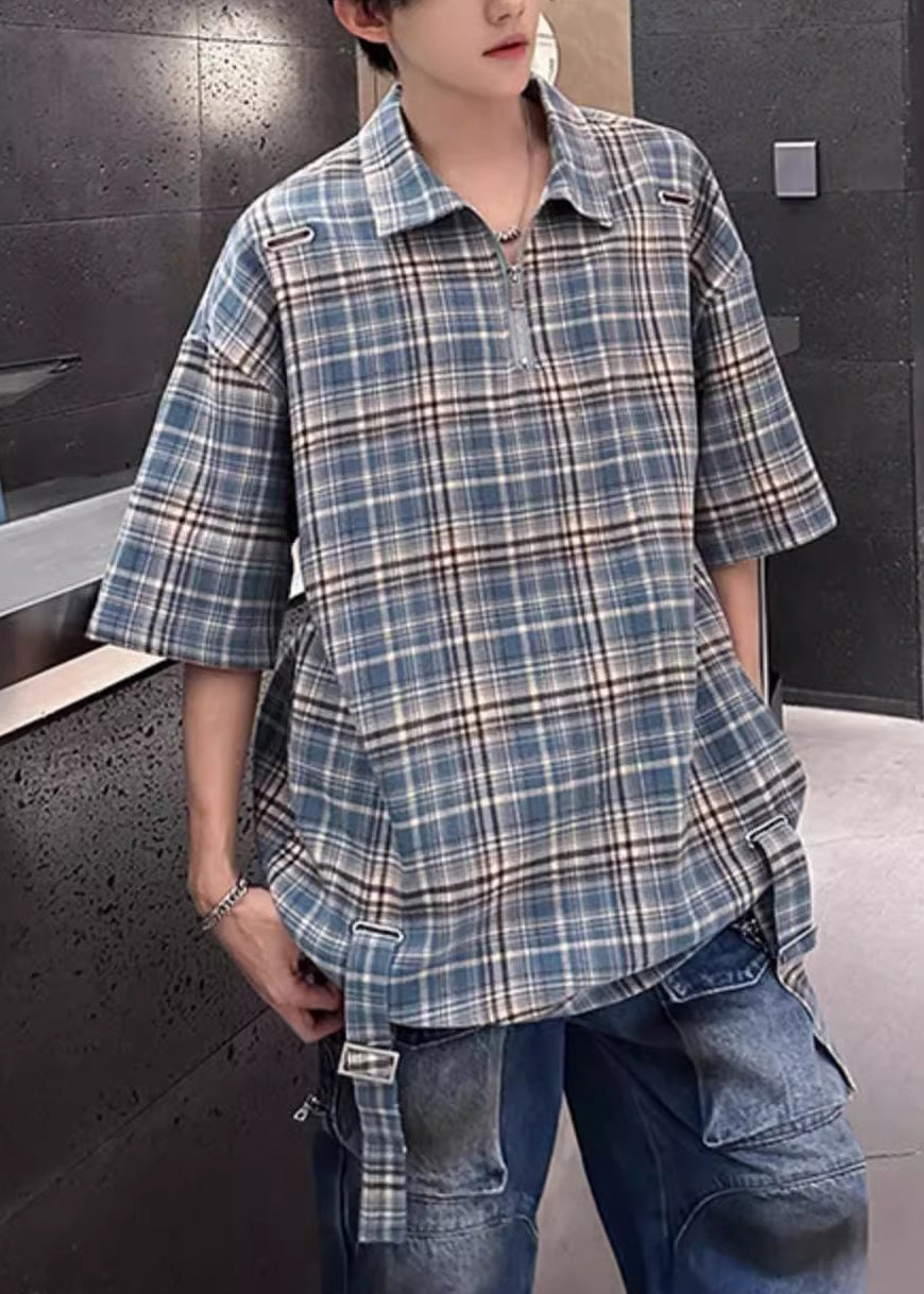 Cotton Plaid Up Zip Collar Pan Men Blue Peter Shirts Summer