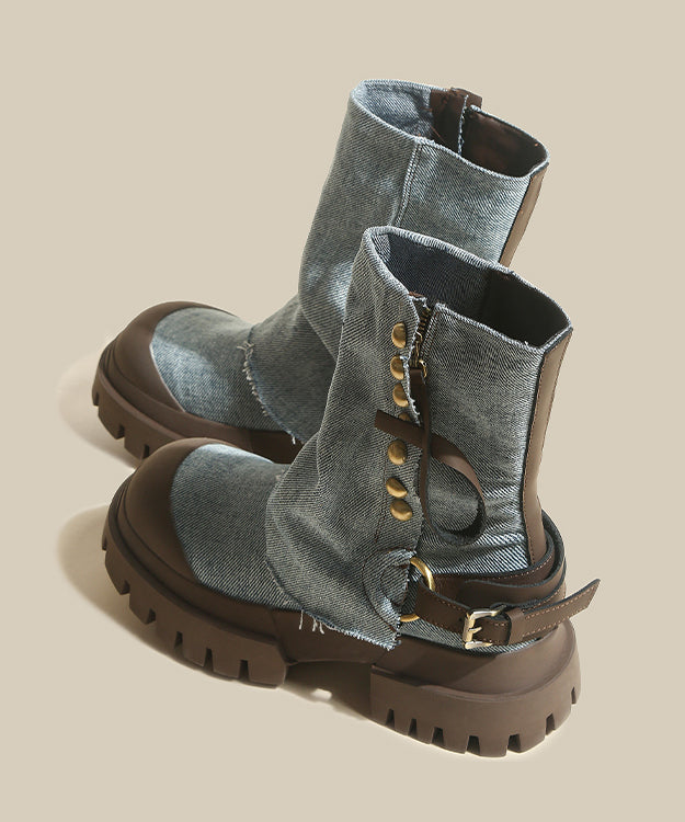 Cowhide Leather Boots Denim Blue Splicing Platform