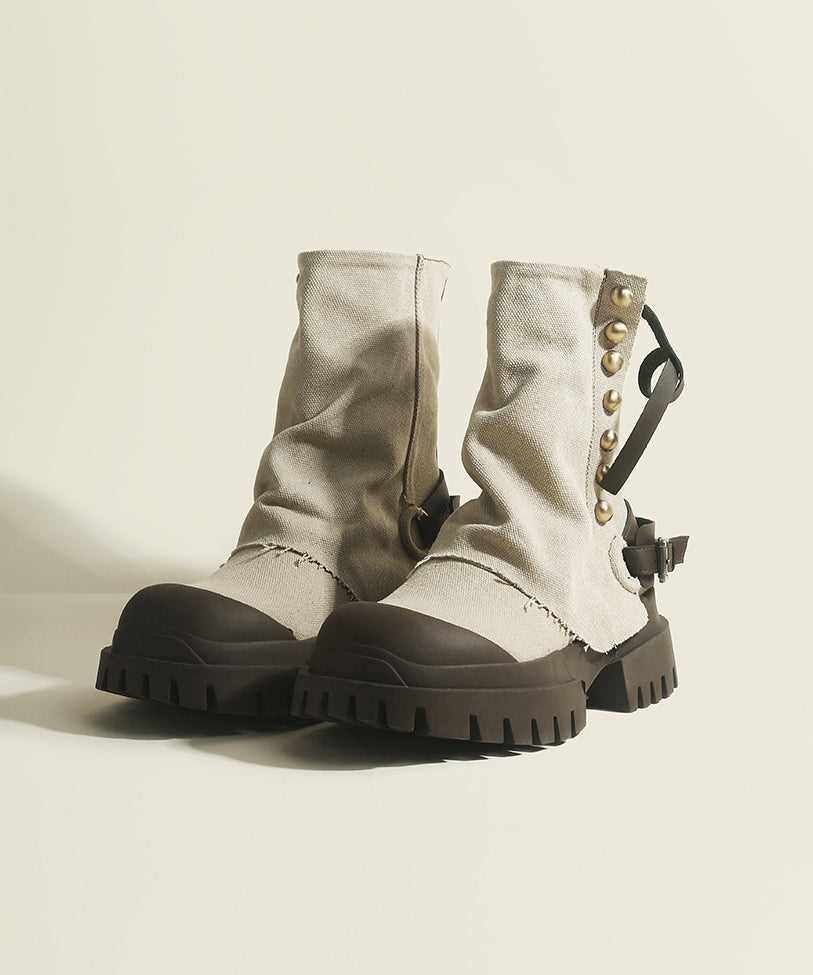 Cowhide Leather Boots Denim Blue Splicing Platform