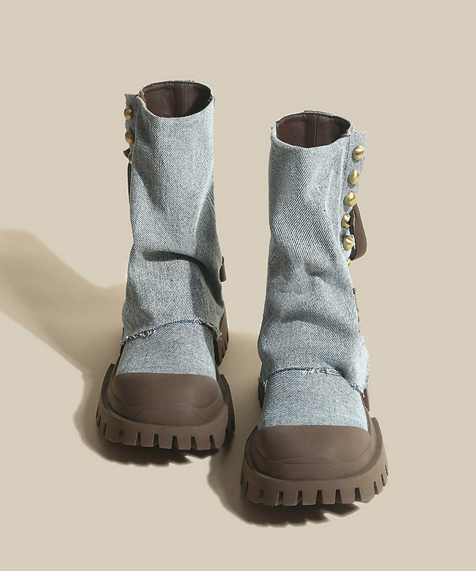 Cowhide Leather Boots Denim Blue Splicing Platform