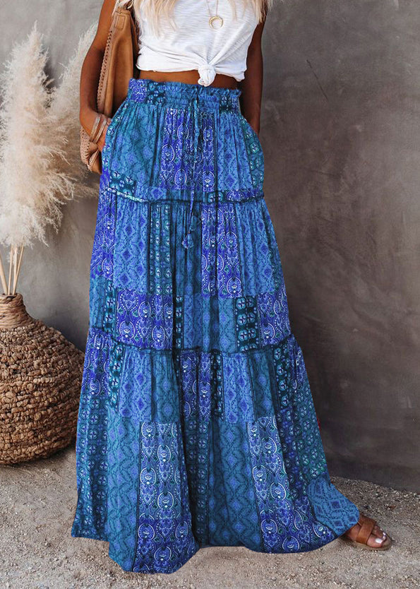 Blue Elastic Maxi Waist Pockets Summer Skirts