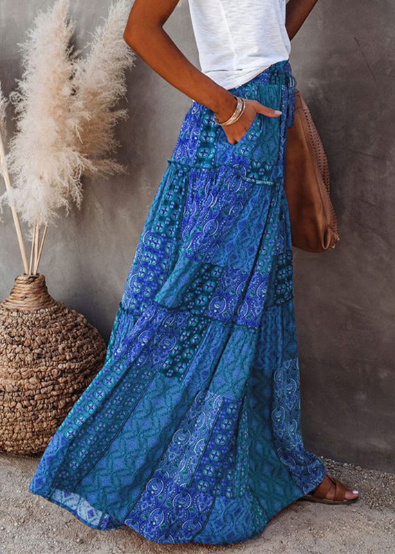 Blue Elastic Maxi Waist Pockets Summer Skirts