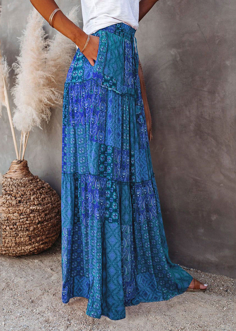 Blue Elastic Maxi Waist Pockets Summer Skirts