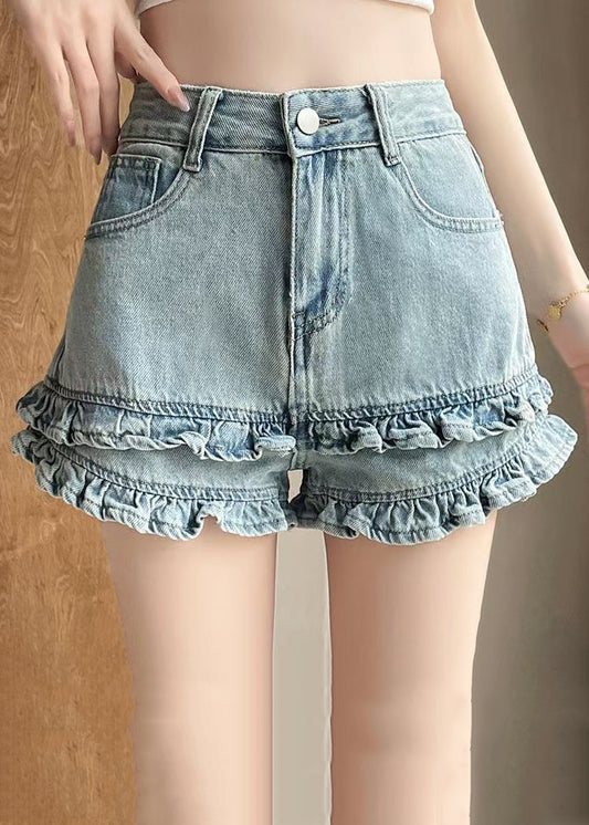 Shorts Denim Waist Blue High Ruffled Pockets Summer
