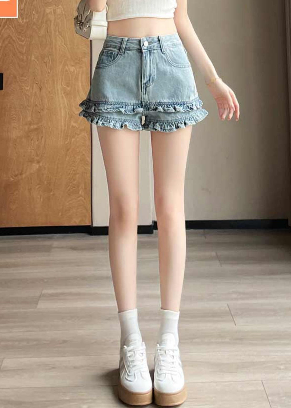 Shorts Denim Waist Blue High Ruffled Pockets Summer