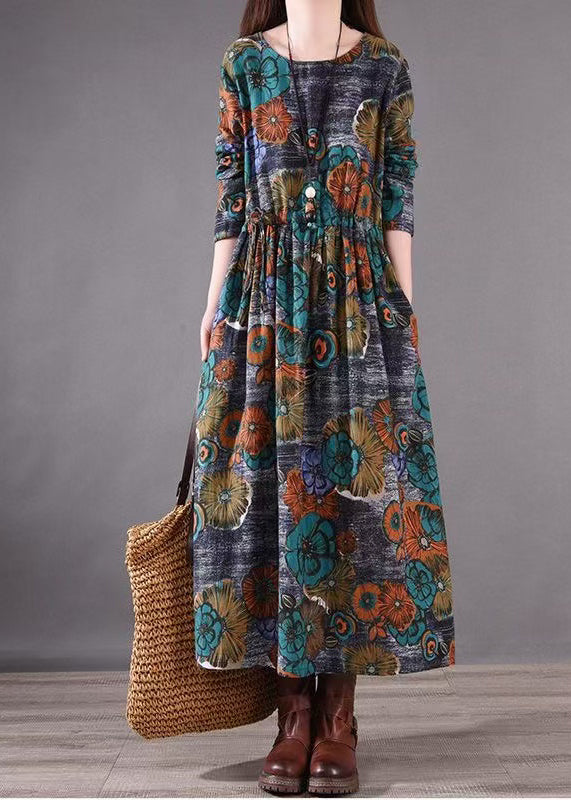 Fit Cinched Long Print Silm Blue Spring Dresses