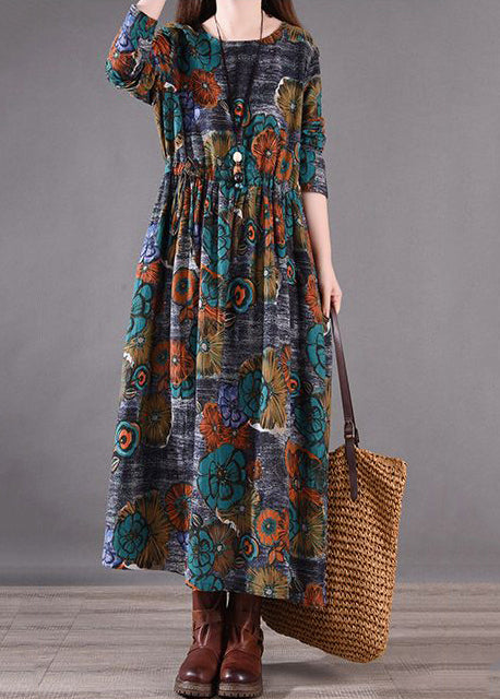 Fit Cinched Long Print Silm Blue Spring Dresses