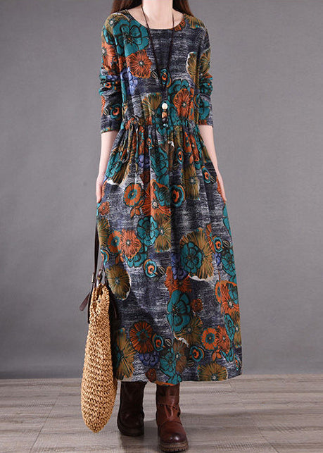 Fit Cinched Long Print Silm Blue Spring Dresses