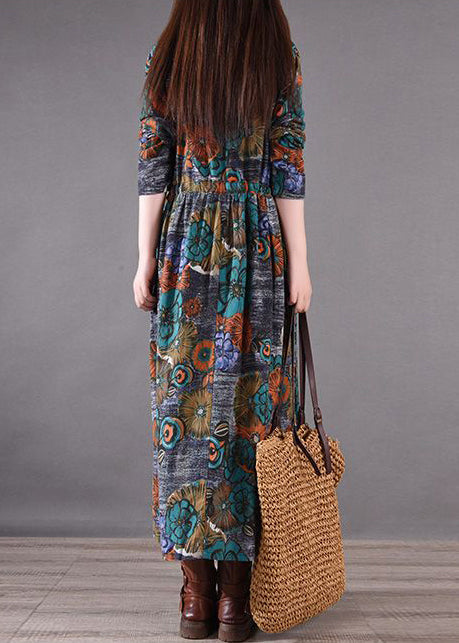 Fit Cinched Long Print Silm Blue Spring Dresses